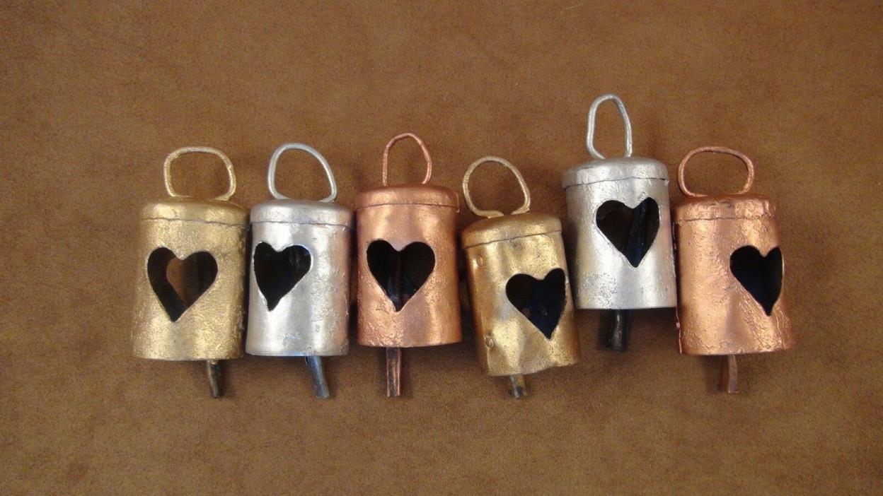 6 Indian Cow Bells w/ HEART Cutouts-2 Silver, 2 Gold & 2 Copper- Lovely #9