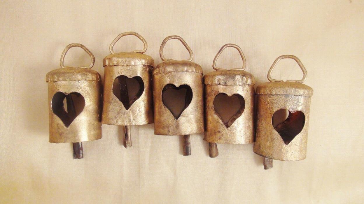 5 GOLD HEART Bells-For Rustic, Farmhouse BOHO Weddings, Home Decor, Craft #9