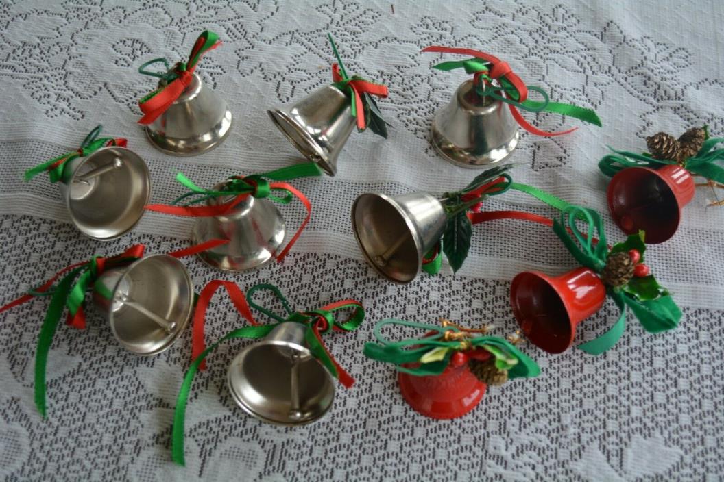 Lot of 11 Metal Silver Red Jingle Bells Christmas Ornaments Holiday Art Crafts
