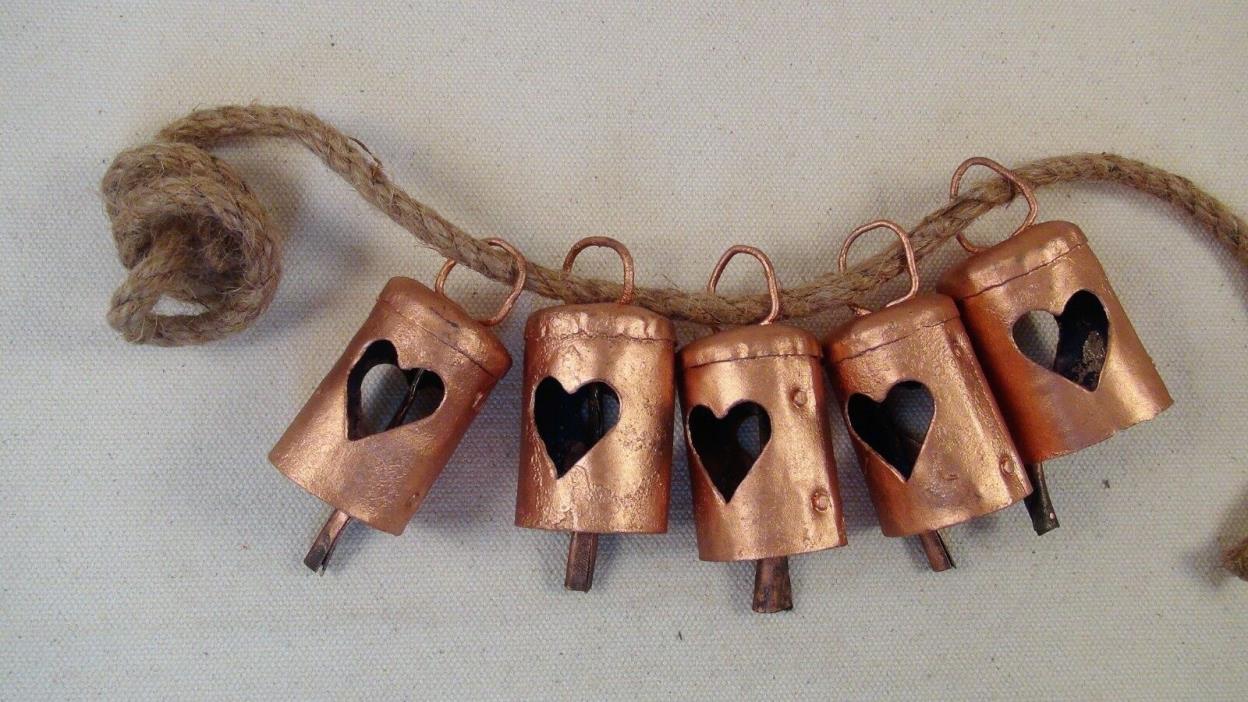 5 COPPER HEART Bells-Recycled Iron Brass Metal- Weddings, Wind Chimes, Craft #9