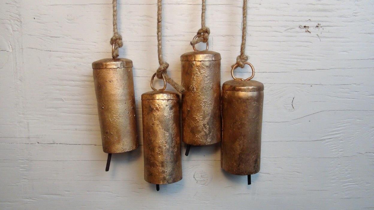 The PERFECT WIND CHIME BELL-4 Long BOHO Rustic Gold Bells for Doors, Wreath #11