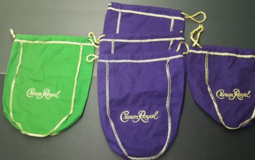Lot of 5 Crown Royal Green Purple and Gold Drawstring Felt Bags