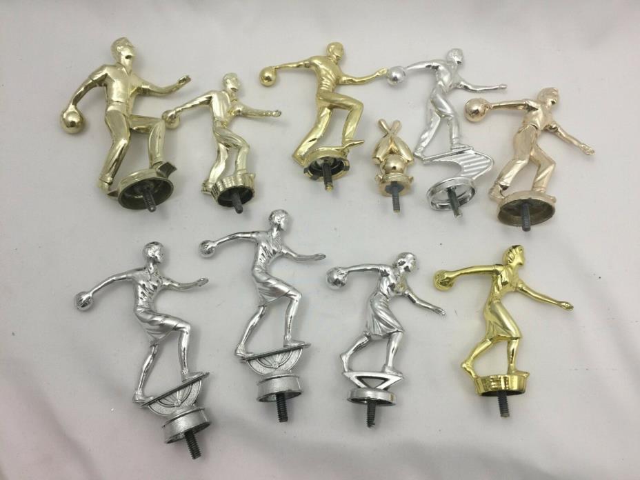 LOT OF 10 ASSORTED VINTAGE METAL TROPHY TOPPERS-MALE & FEMALE BOWLERS-BALL& PINS