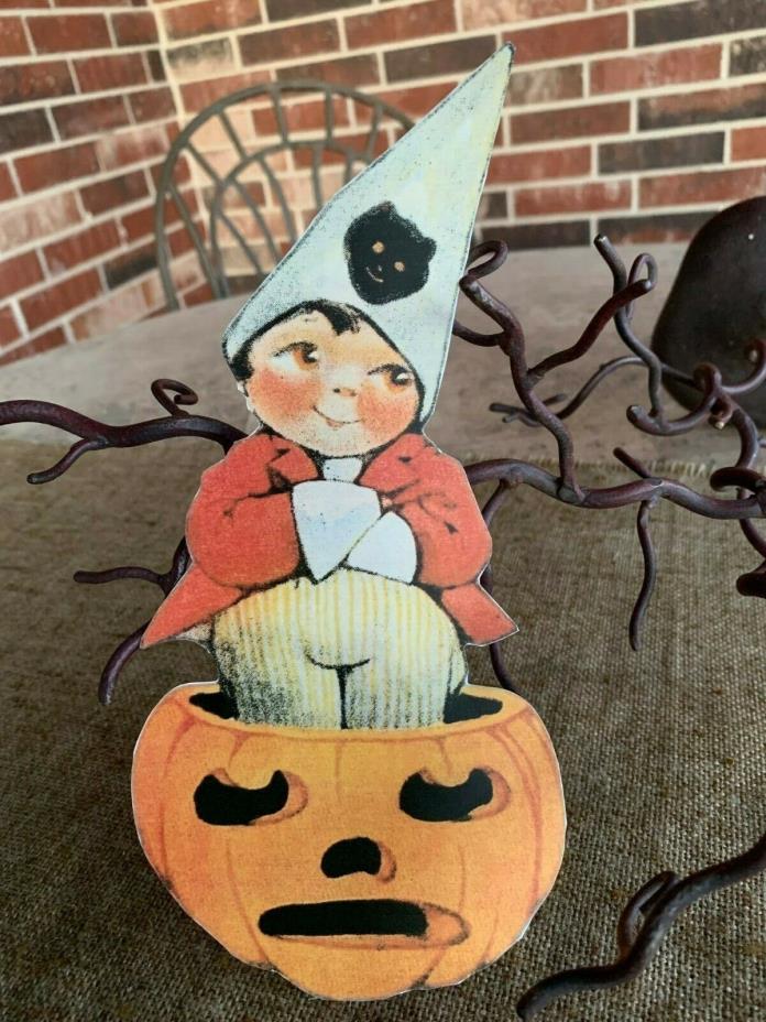 Vintage Repro Boy Stands in Pumpkin Halloween Cardstock Decoration,U Choose Size