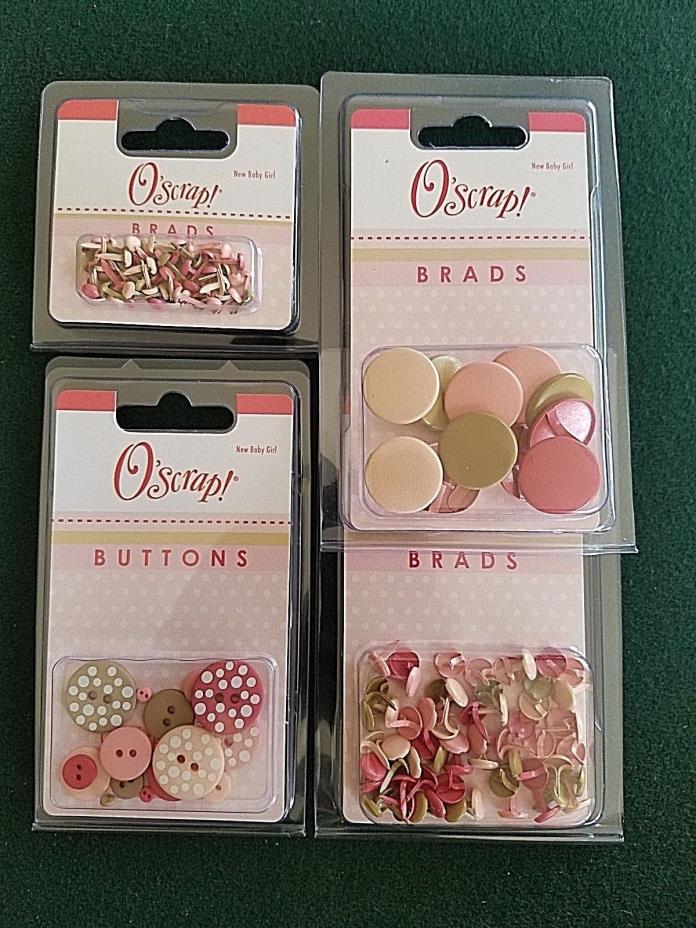O'Scrap New Baby Girl Lot of 20mm, 7mm, 5mm brads and assorted buttons