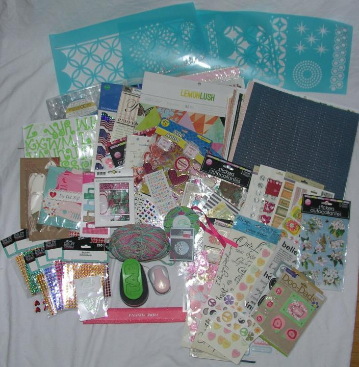 Large Lot Scrapbooking Paper Gems Stickers Stencils Punches Borders Wide Variety