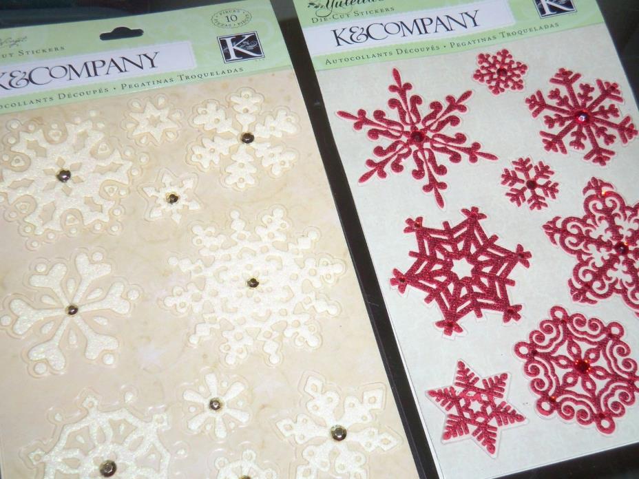 2 CARDS K&COMPANY CHRISTMAS RED AND IVORY SNOWFLAKES GLITTER AND GEMS STICKERS
