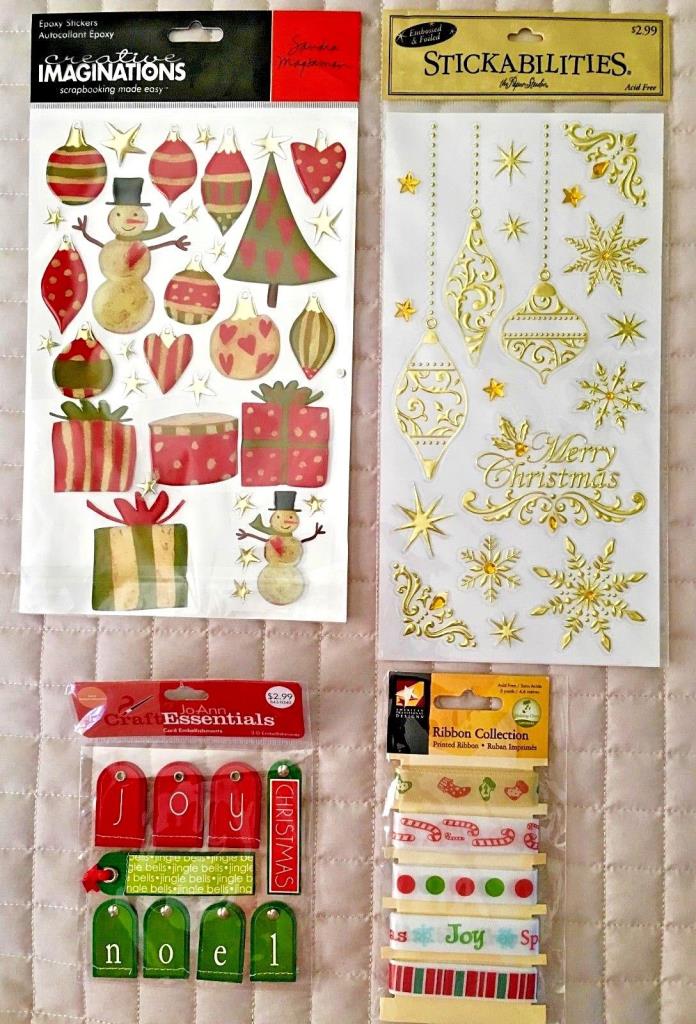NEW Lot 4 Sets Embellishments HOLIDAY Emboss, Foil, Epoxy, Stickers,Tags, Ribbon