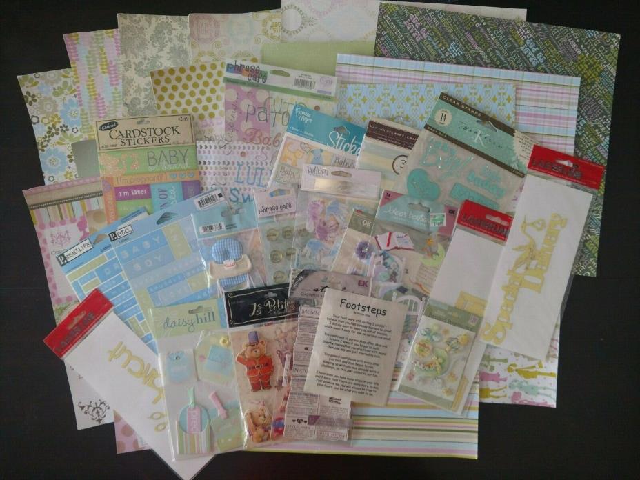 PREGNANCY/BABY BOY Lot of 40 12x12 Scrapbook Paper, Stickers and Embellishments