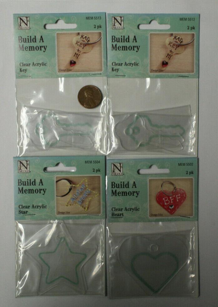 4 Packages of Clear Acrylic Shapes,  Heart, Star, and 2 Keys.  2 pcs. Each.