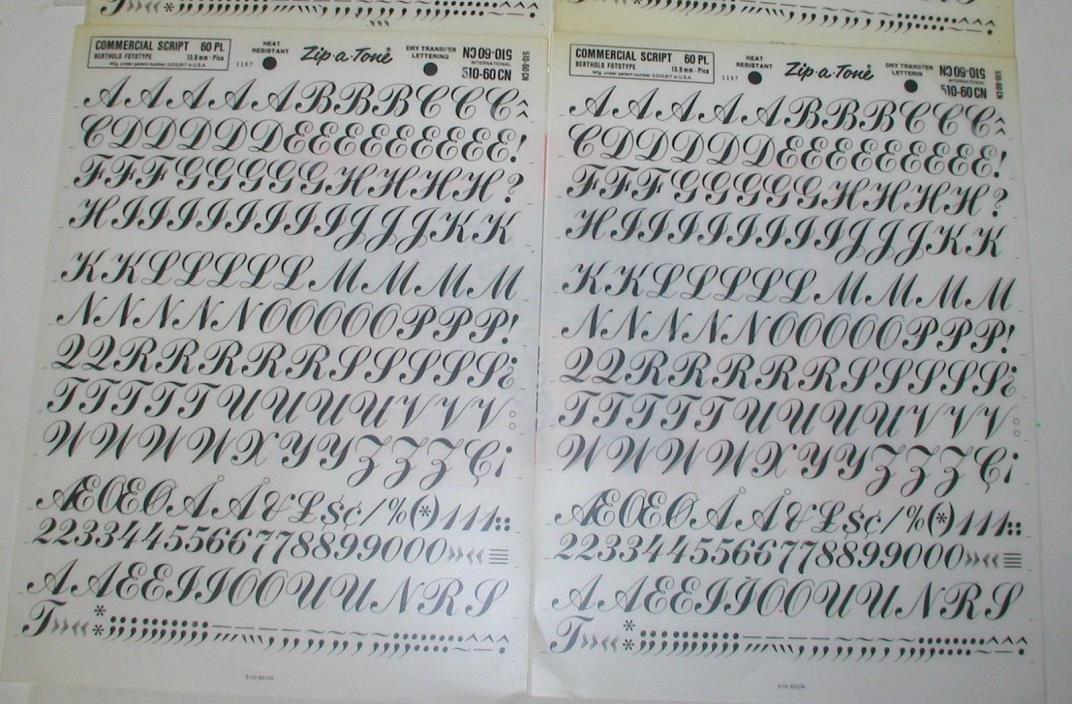 DRY RUB ON LETTERING Transfer COMMERCIAL SCRIPT 60 pt. Upper Case Alphabet Zip-