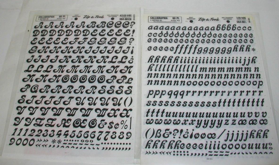 DRY RUB ONs LETTERING CALLIGRAPHIA 60 pt. Upper Lower Case Alphabet Zip A Tone