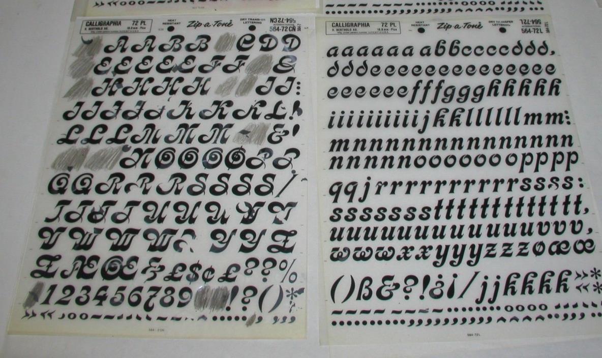 DRY RUB ONs LETTERING CALLIGRAPHIA 72 pt. Upper Lower Case Alphabet Zip A Tone