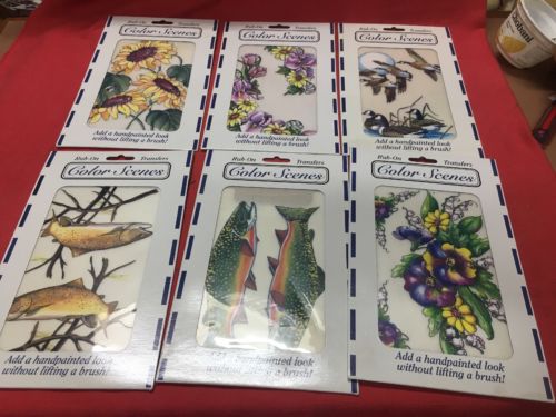 6 New Color Scenes Rub On Transfers Geese Trout Flowers