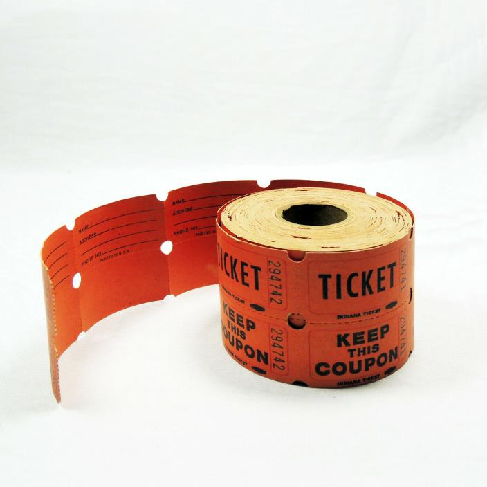 Ticket Roll Vintage Orange Double Stub 50/50 Split Raffle Tickets Small Roll USA