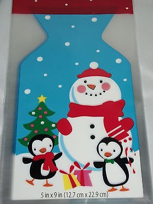 15 Cellophane Treat Gift Bags Ties Blue Snowman Penguins Tree Cello Baking Food