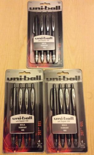 uni-ball 207 Retractable Gel Pen Bold Point 1.0 mm Black Ink Pack Of 4 Lot of 3