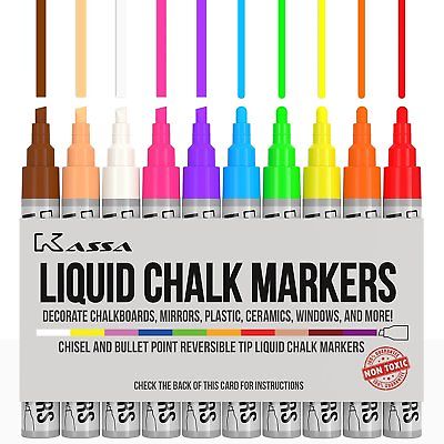 Kassa Liquid Chalk Markers - 10 Pack Chalkboard Pens - for Blackboard Glass B...
