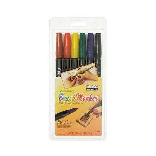 Marvy Uchida Brush Marker - 6 Vivid Primary Dye Based Colors - 0062
