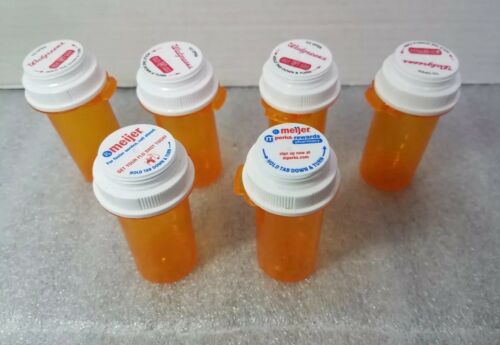 Plastic Pill Bottles Empty Amber Containers Reversible Lids Quarter Size Lot 6
