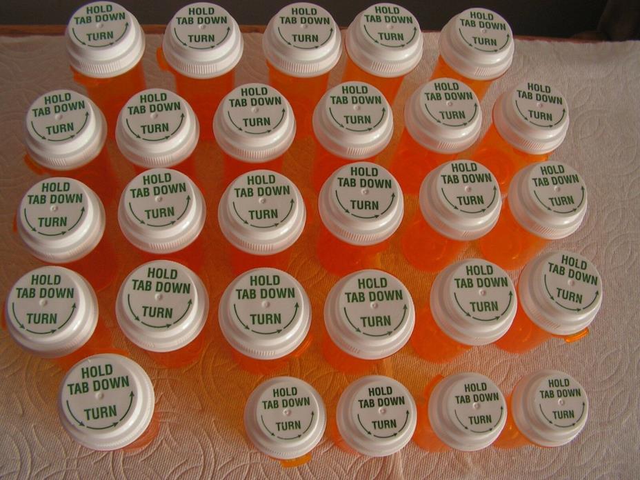 28 Empty plastic amber pill bottles w/caps, 3 sizes, crafts sewing coins storage