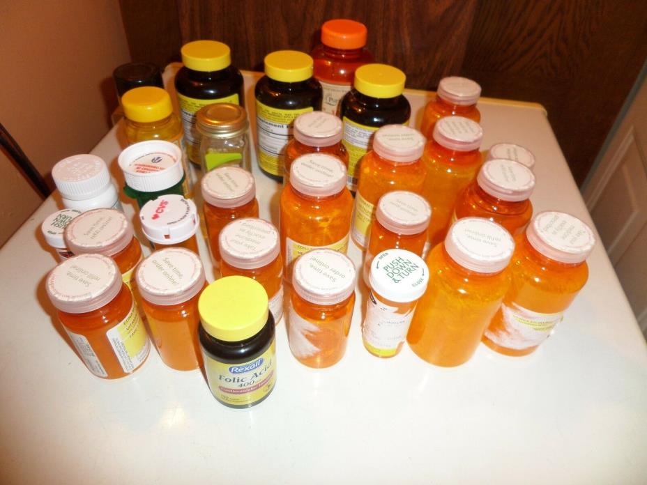 29 Empty Medicine Vitamins Spices Bottles Plastic Glass Crafts
