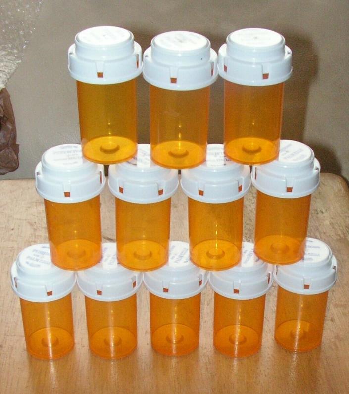 Lots of 12 Empty Amber Prescription Rx Pill Bottles in 20DR with Push Down Lids