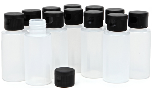 12 Clear 2 oz Plastic Squeeze Bottles with Black Flip Top Caps NEW
