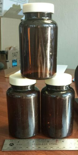10 Empty Amber Plastic Pill Bottles with Ribbed Lids 225cc (7 oz)