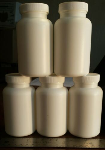 10 Empty White Plastic Pill Bottles with Ribbed Lids 225cc (7 oz)