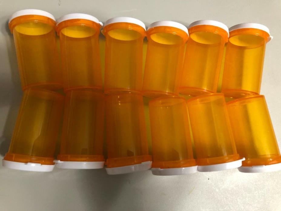Lot of 12 Prescription Rx Medicine Bottle Pharmacy, Empty, Amber Plastic W/Lids