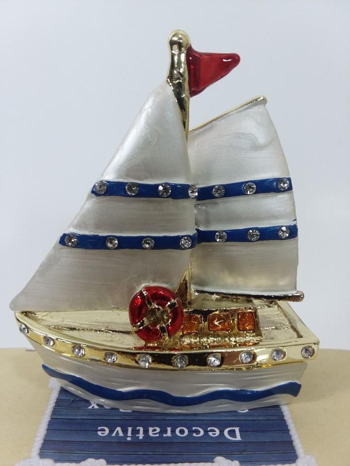 NEW Decorative Metal Sailboat Trinket Jewelry Box 2.5
