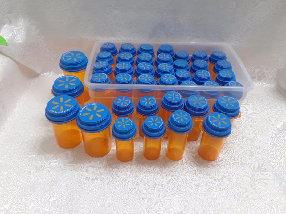 EMPTY PILL BOTTLES FOR CRAFTS - ORANGE/BLUE LID - LOT OF 41 - VARIOUS SIZES