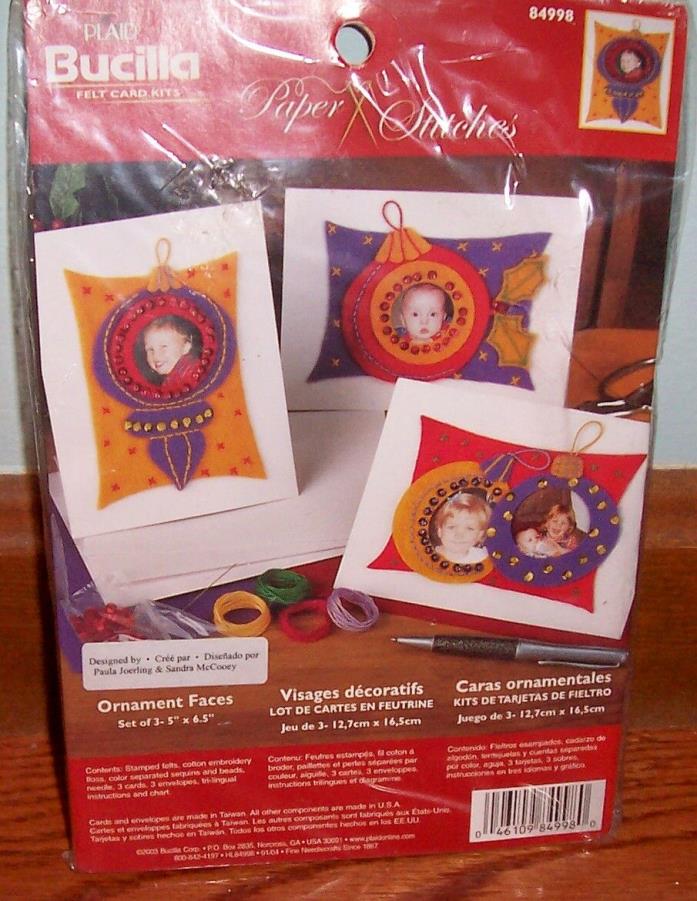Bucilla Paper Stitches Felt Card Kit # 84998 Makes 3 Ornament Faces Cards Sealed