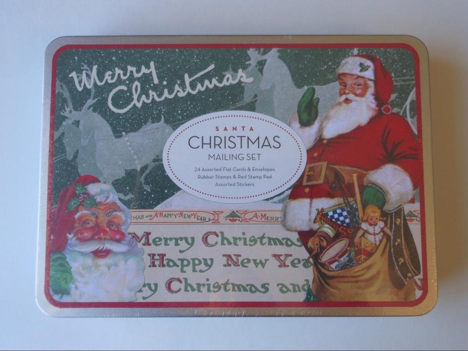 new  Cavallini  Santa Christmas Mailing Set - 24 cards 3 stamps red ink stickers