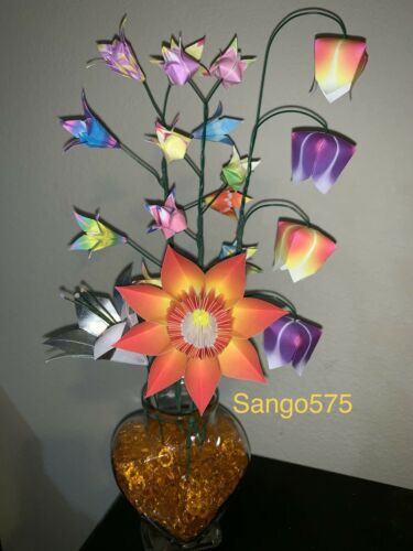 origami flowers in heart glass vase w Orange diamonds, for Valentine, Birthday