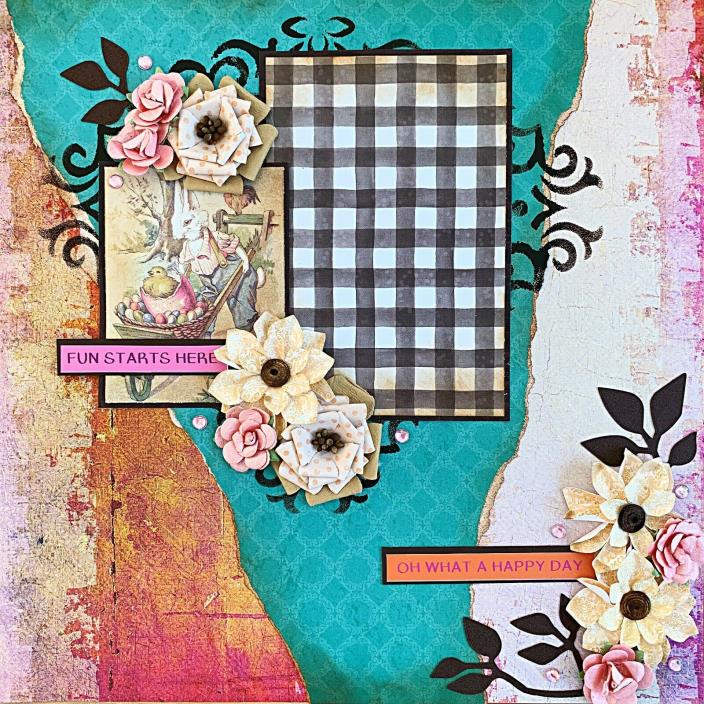 Handmade FUN STARTS HERE Vintage Easter 12x12 Premade Scrapbook Layout Page