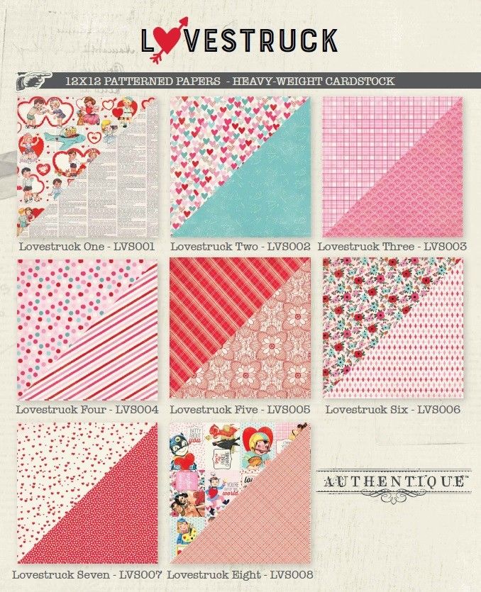 8 sheets LOVESTRUCK Authentique 12x12 Paper Collection Love 8 Designs