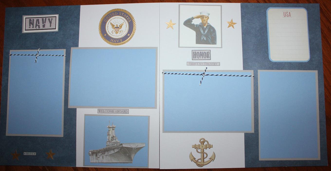 Navy 12 x 12 premade scrapbook layout 3D handmade double page photo ready