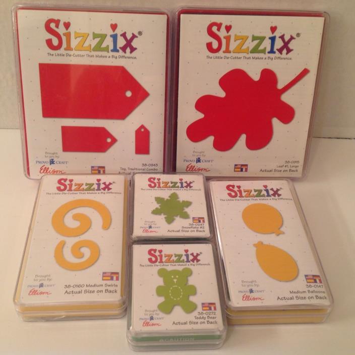 SIZZIX RED, GREEN & YELLOW DIE LOT OF 6 PC SWIRL,TAGS,BALLOONS,LEAF,BEAR,SNOW