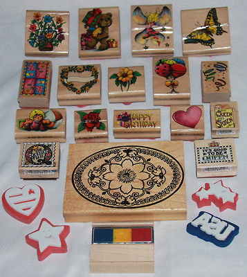 Lot Of Wooden Rubber Stamps 17+4 Foam Flower Butterfly Heart Balloons Bear Fairy