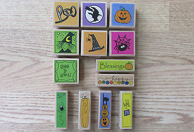 Lot of 13 Halloween Wood Mounted Rubber Stamps Cat Pumpkins Witch Spider Web Boo