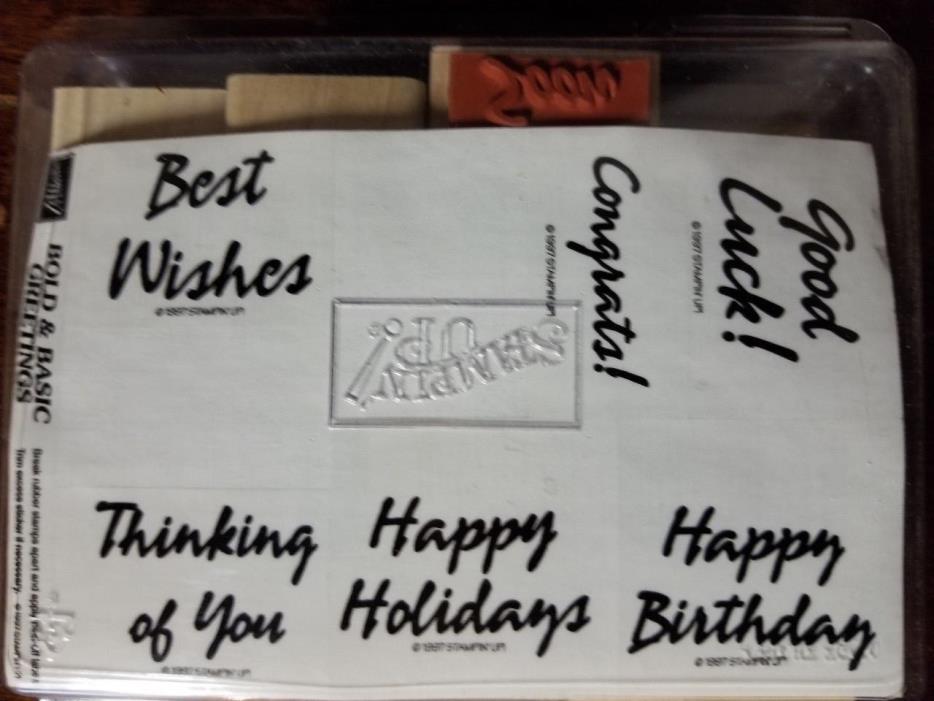 Stampin Up! Bold & Basic Greetings rubber stamp set 1997 Wishes Birthday Holiday