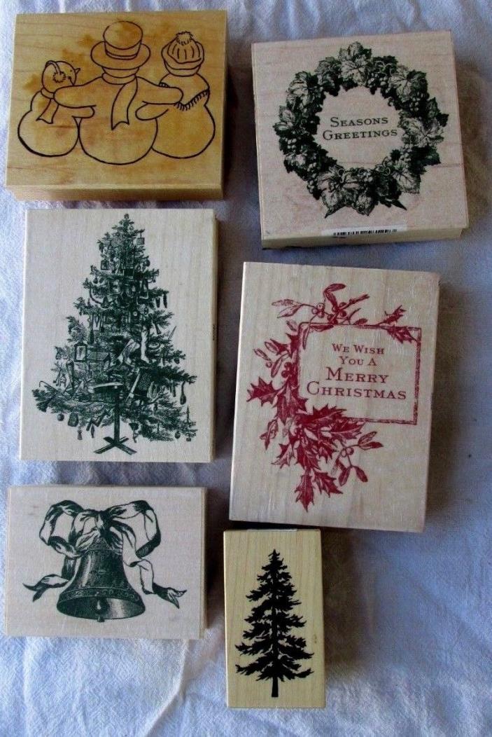 Lot 6 Christmas Wood Mounted Rubber Stamps Christmas Winter Snow Men