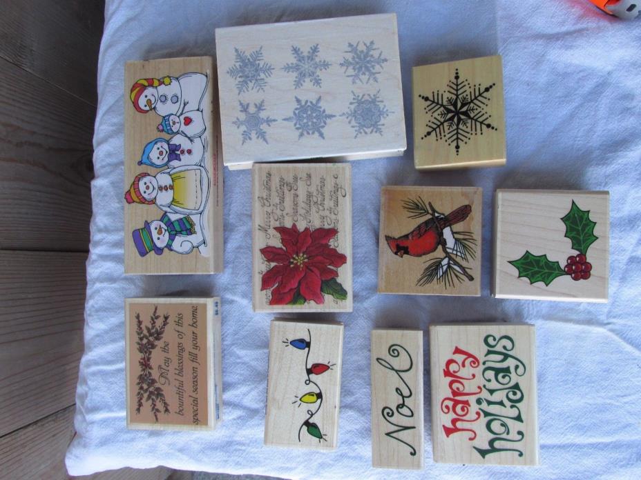 Lot 10 Christmas Wood Mounted Rubber Stamps Christmas Winter Snow Men Flakes ++