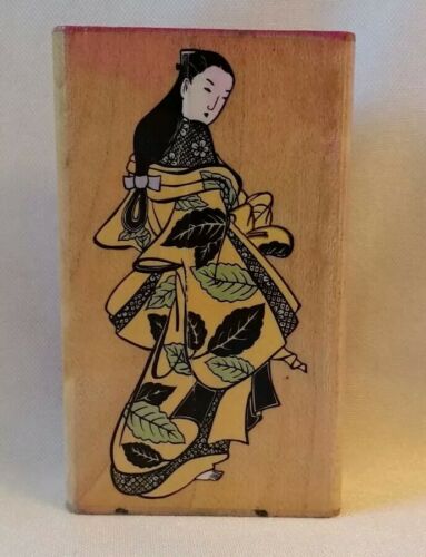 Rubber Stamp Asian Woman Geisha Girl Fancy Leaf Kimono Japanese Oriental Scene
