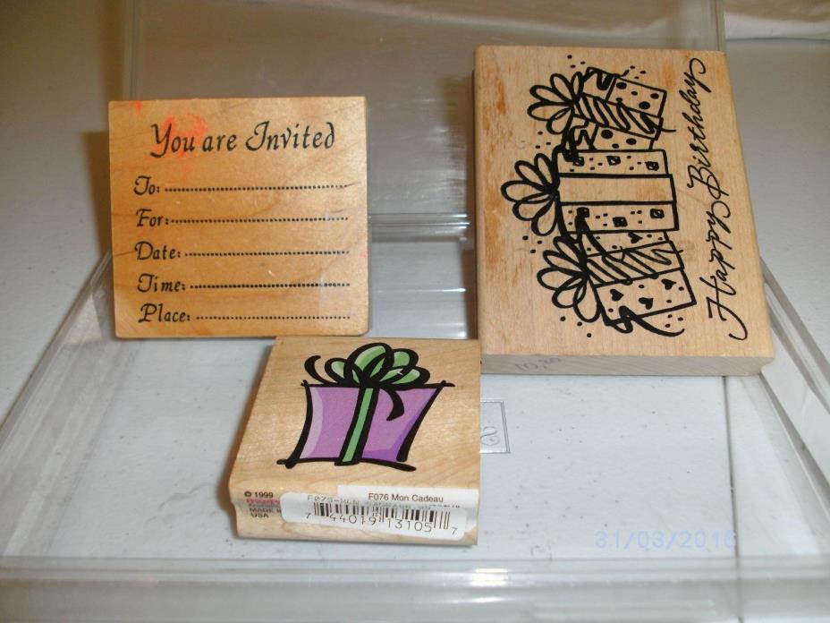 RUBBER STAMPS BIRTHDAY, INVITATION AND PRESENT LOT OF 3 AWESOME