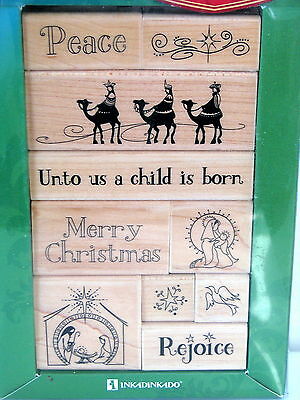 Christmas Rubber Stamp Set of 10 - Inkadinkado Peace Rejoice Merry Christmas