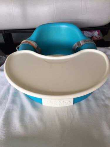 Blue BUMBO Seat with White Tray and Safety Straps