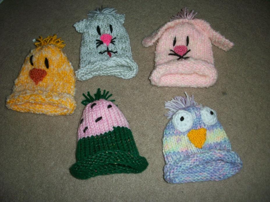 LOT OF  5: CUTE  HAND KNIT BABY GIRL HATS...NEW...FITS PREEMIE  TO 18 MONTHS